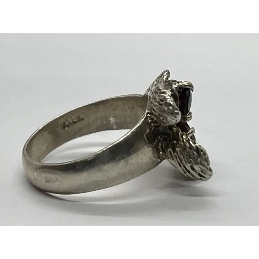 Vintage Sterling Silver Ring 925 Size 6.5 Band Unique Red Garnet Brutalist
